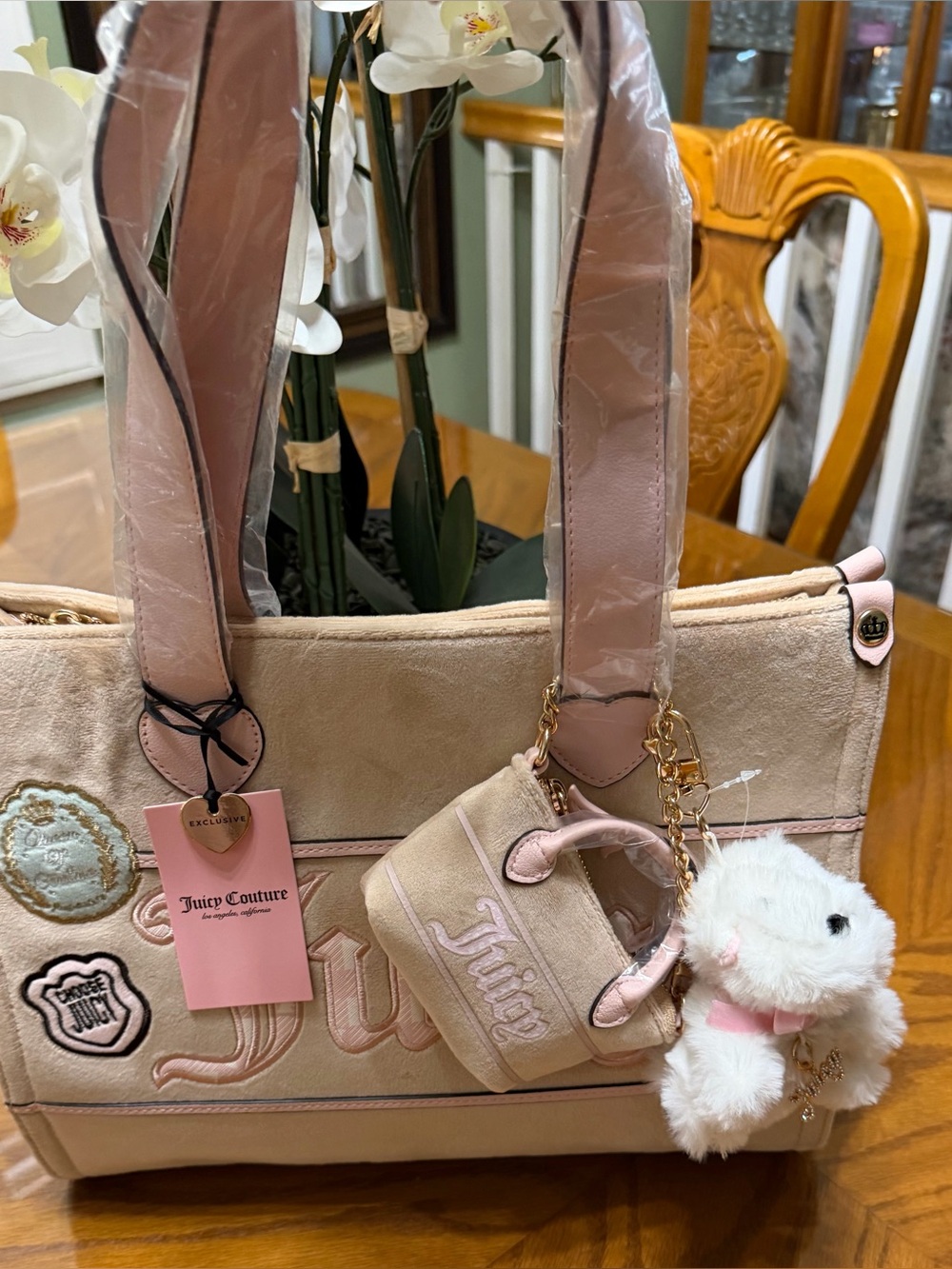 NWT Juicy Couture Buff Beige Plush Tote Bag with Scottie Charm